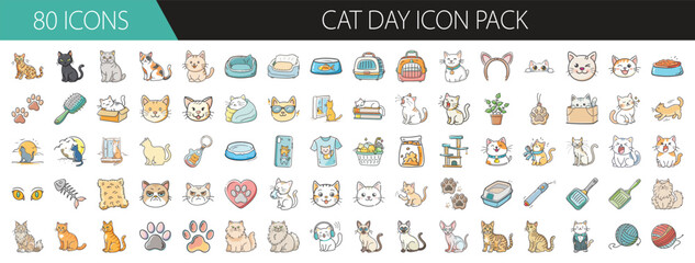 Cat Day icon pack with 80 cute feline illustrations - Vector set of 80 icons celebrating Cat Day, featuring various cat breeds, toys, food bowls, paws, accessories, and playful moments.