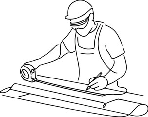  single-line drawing shows a skilled carpenter in work attire and safety glasses, extending a measuring tape across a long wooden board