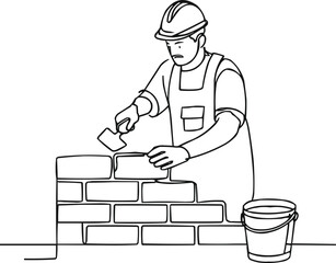 A continuous single-line drawing shows a male construction worker in a hard hat and work clothes, carefully laying bricks to build a wall.