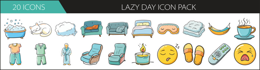 Lazy Day icon pack with 20 cozy and relaxing illustrations - Vector set of 20 Lazy Day icons featuring couches, pajamas, slippers, tea, pillows, baths, and sleepy expressions for ultimate relaxation.