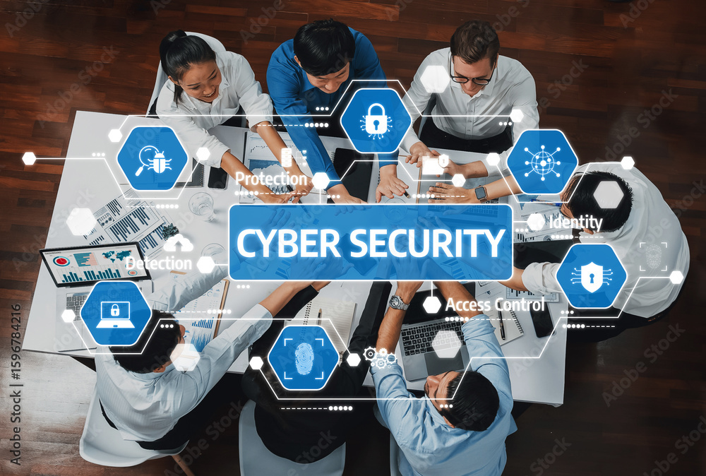Poster a dynamic team collaboration session focused on developing cyber security strategies. the image feat