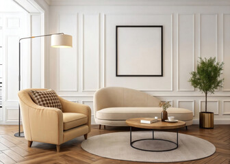 Fototapeta premium Beige armchair and sofa in bright living room with coffee table