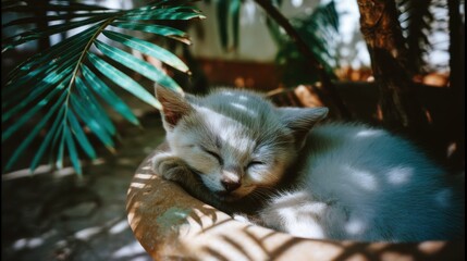 Peaceful kitten napping in a potted plant surrounded by greenery