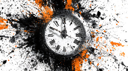 Vintage clock face splattered with black and orange paint time roman numerals