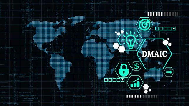 DMAIC, Six Sigma. Define, Measure, Analyst, Improve, Control. Standard quality control and lean manufacturing concept. technology background with Cyberspace binary matrix letter bits.