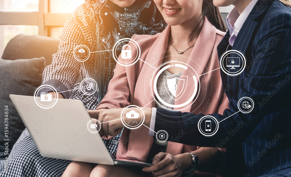 Poster cyber security protects against breaches, hacks, and network attacks using strong infrastructure and
