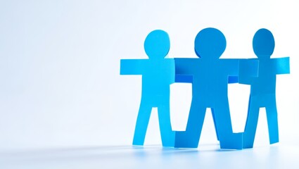 Teamwork, Unity, and Collaboration: Three Blue Paper Figures Embracing, Team building. Copy space for text.