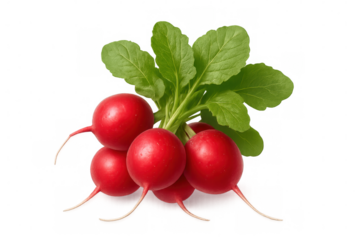 Bright red radishes bundled together, green leafy tops spreading, highlighting crisp freshness against clean transparent background