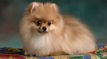 Fluffy Pomeranian Puppy Sitting on Colorful Fabric with Soft Background