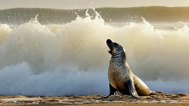 Majestic seal roars against backdrop of crashing waves on sandy beach coastline