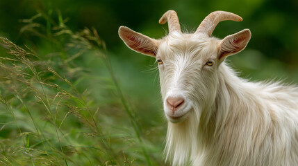 white goat with green grass background