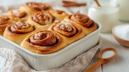 Cinnamon buns with cream cheese frosting in an elegant dish surrounded by milk and sugar in soft morning light