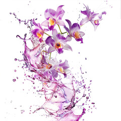 Purple orchids with dynamic liquid splash isolated on transparent background © Nilesh