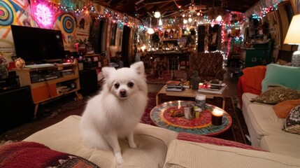 Cozy Artistic Living Space with a Dog Surrounded by Colorful Decor