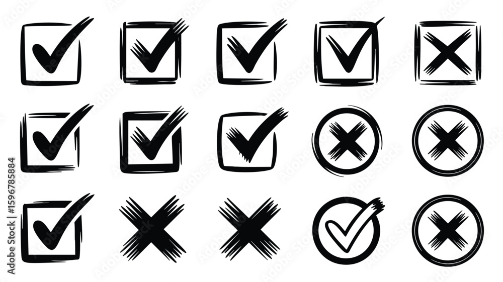 Poster check mark and cross icons: collection of hand-drawn tick and x symbols for presentations and design