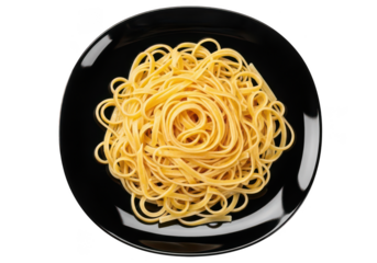 Close up top down view of cooked spaghetti pasta on a plate food italian