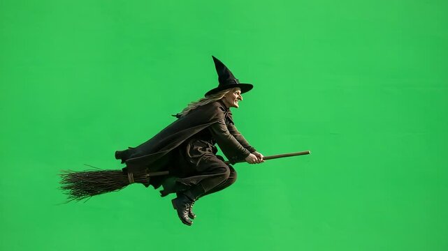 A witch in dark garb soars on a broomstick against a green screen backdrop