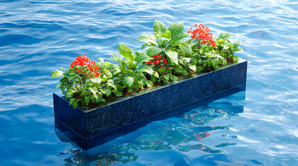 A rectangular black water wall planter filled with lush green plants and red flowers, floating in the middle of a clear blue ocean