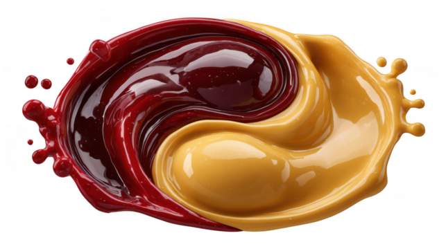 Red and yellow liquids swirling in yin yang symbol isolated on transparent background