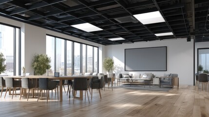 Open plan office space with meeting area and breakout zone.