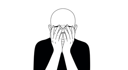 Minimalist line art of person covering face in monochrome style