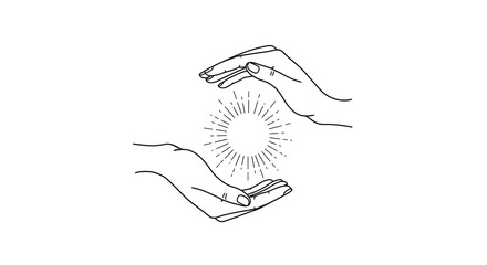 Hands holding light with radiant sun in minimalist line art style