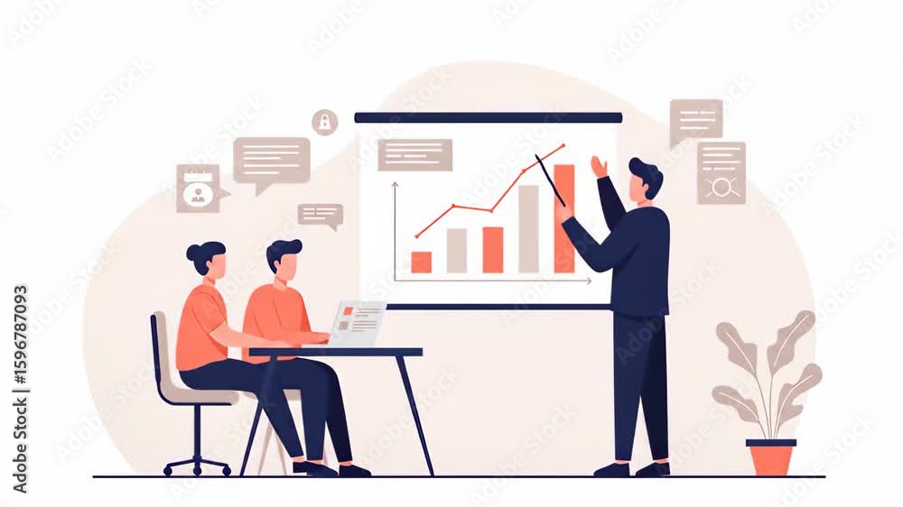 Poster flat vector a business professional presents a chart to colleagues, explaining data analysis and pro