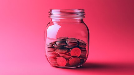 Savings Jar Filled with Coins on Pink Background