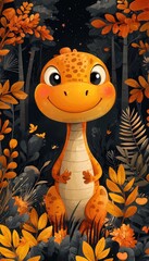 Adorable Orange Dinosaur in Autumn Forest