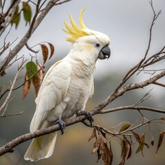 Beautiful Cockatoo Sitting on a Tree in Rainforest, white parrot on a branch, sulphur crested cockatoo, Elegant White Cockatoo