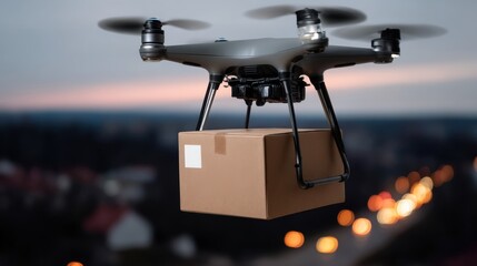 Drone Delivery System in Urban Environment at Dusk with Package