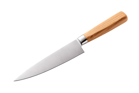 Sharp kitchen knife with wooden handle, isolated on a white background, in a simple style, with a transparent PNG - Powered by Adobe