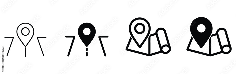Poster multiple map pin icons showing location and navigation, different styles of route and roadmap symbol