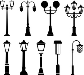 Various black street lamps on white background streetlamps lighting