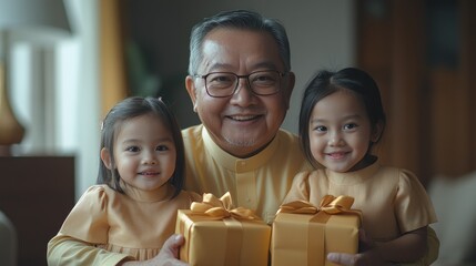 Grandfather and Granddaughters with Gifts: A heartwarming family portrait showcasing intergenerational love and joy during a special occasion.