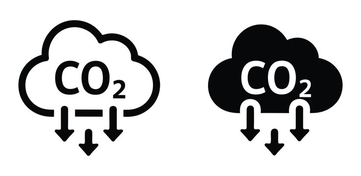 Carbon dioxide emissions shown with cloud icon and downward arrows in white and black