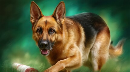 Playful German Shepherd in a Lush Green Field with Toy