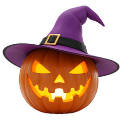 Smiling Jack-o'-Lantern with Purple Witch Hat and Glowing Interior, Isolated on White or Transparent Background