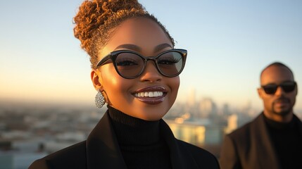 Smiling woman with sunglasses and a man in the background, urban cityscape at sunset.