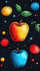 Cosmic Apples: A vibrant illustration of two apples floating in space, surrounded by planets and stars.  A captivating blend of fruit and cosmos.