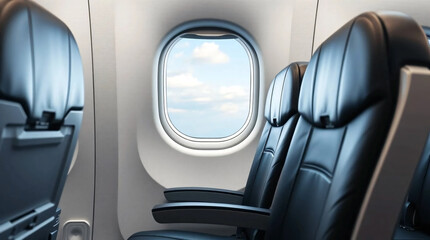 A close up image of side by side economy class leather seats with no passangers in an airplane with a sky view from ta window