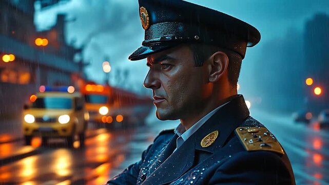 Military officer portrait night city