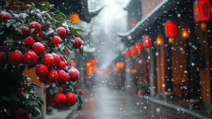 Snowfall in a Red Lantern-Lit Chinese Street
