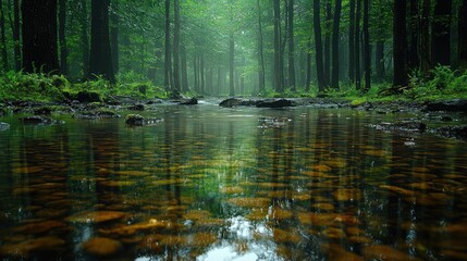 Serene Forest Stream: A Tranquil Reflection in Nature's Embrace