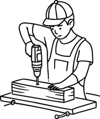 A continuous single-line drawing depicts a young male carpenter in protective gear and work attire, using a cordless drill