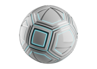 futuristic 3d soccer ball with a glowing blue neon light grid pattern