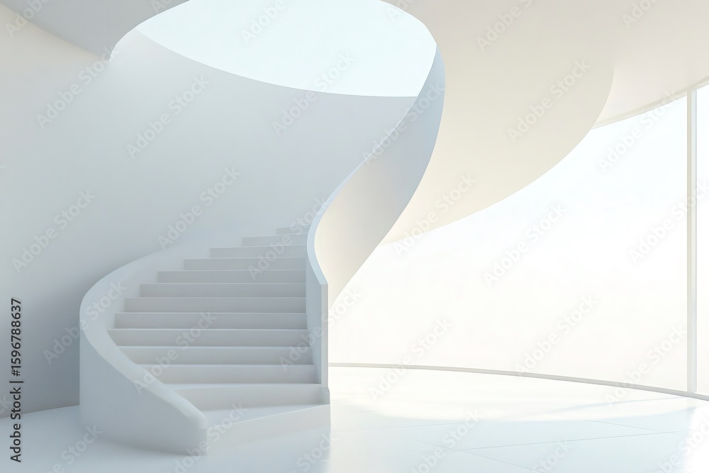 Poster white modern spiral staircase going up in an empty minimal room with round shapes and bright natural