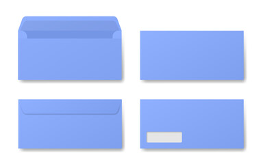 Blue envelope mockup. Front and back side. Open and closed envelopes. Business correspondence. Address window