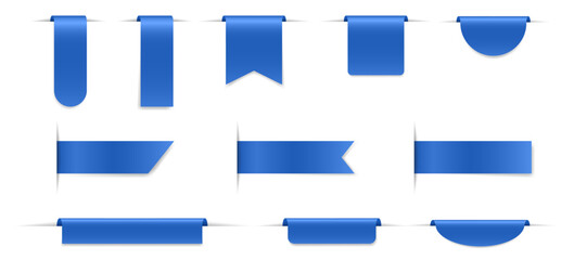 Set of blue bookmarks with shadows. Bent paper strips for marking pages. Long and short labels