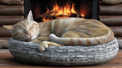 Cozy Cat Relaxing by a Warm Fireplace in a Rustic Cabin Setting